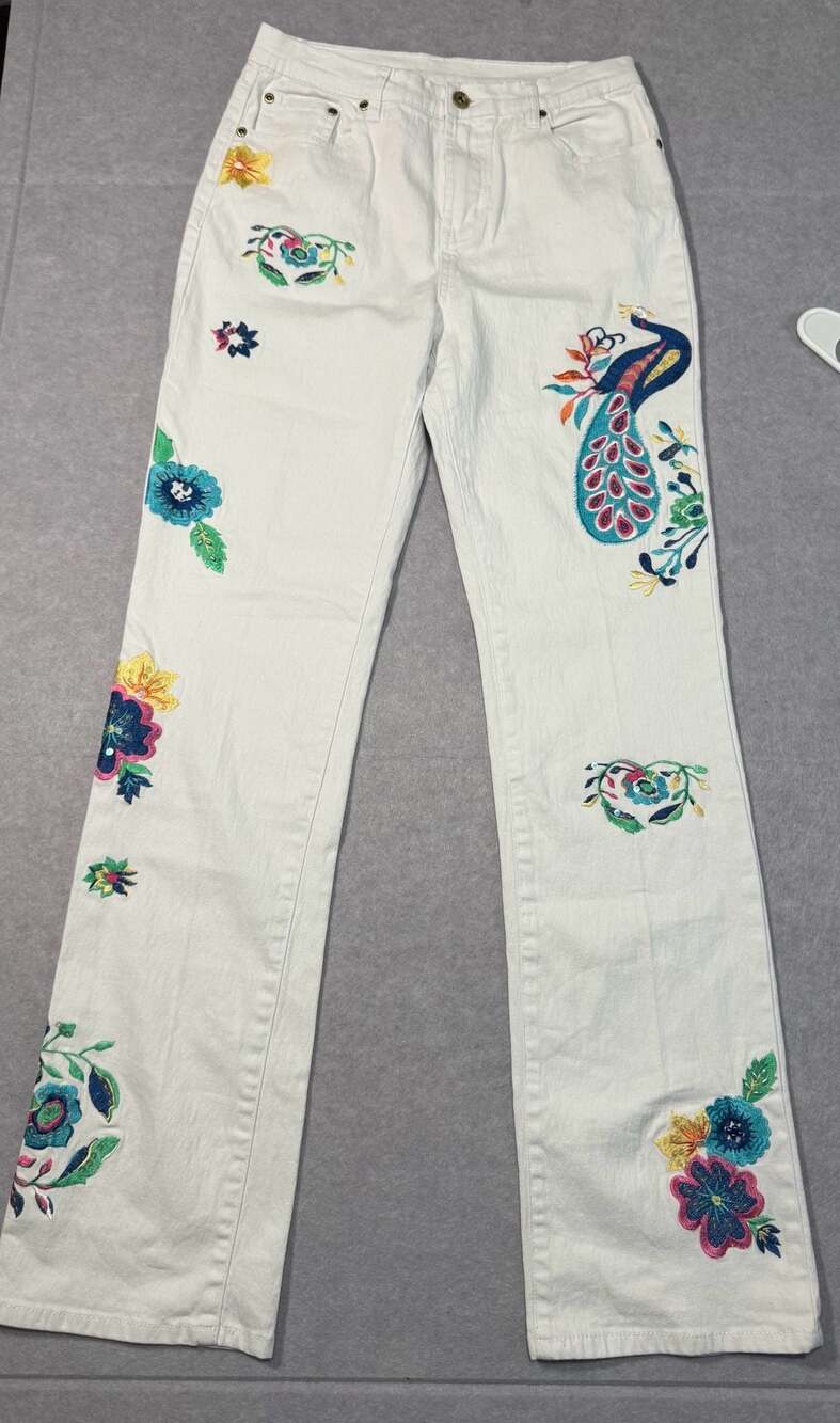 Diane Gilman White Floral Embellished Jeans